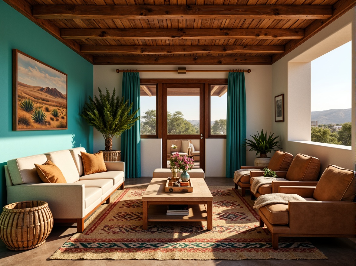 Prompt: Vibrant turquoise accents, earthy terracotta walls, sandy beige furniture, woven jute rugs, natural wood ceiling beams, rustic wooden coffee tables, potted cacti, colorful Native American patterns, geometric Aztec-inspired textiles, warm golden lighting, cozy throw blankets, soft suede upholstery, distressed leather armchairs, desert landscape artwork, panoramic windows, 3/4 composition, realistic textures, ambient occlusion.