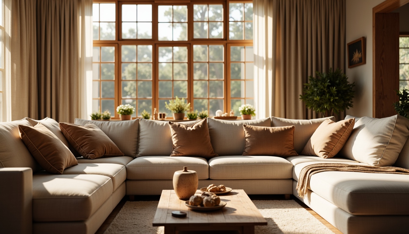 Prompt: Cozy living room, plush throw pillows, soft velvet fabrics, warm beige tones, natural linen textures, elegant silk drapes, comfortable couches, rustic wooden accents, earthy color palette, autumn afternoon, warm sunlight, shallow depth of field, 1/2 composition, realistic fabrics, subtle shading, ambient occlusion.