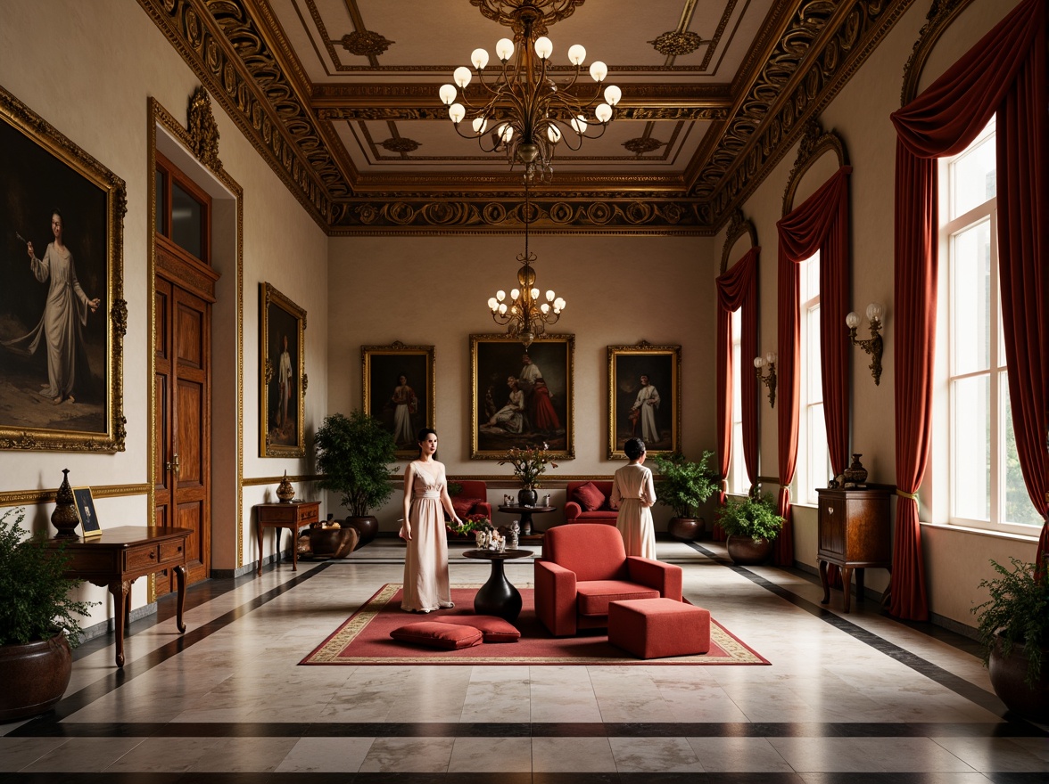 Prompt: Renaissance-style interior, lavish furnishings, rich velvet fabrics, ornate gold accents, warm beige walls, majestic chandeliers, intricate wooden carvings, luxurious drapes, classic oil paintings, elegant marble floors, subtle lighting effects, dramatic shadows, 1/2 composition, atmospheric perspective, realistic reflections, soft brush strokes.