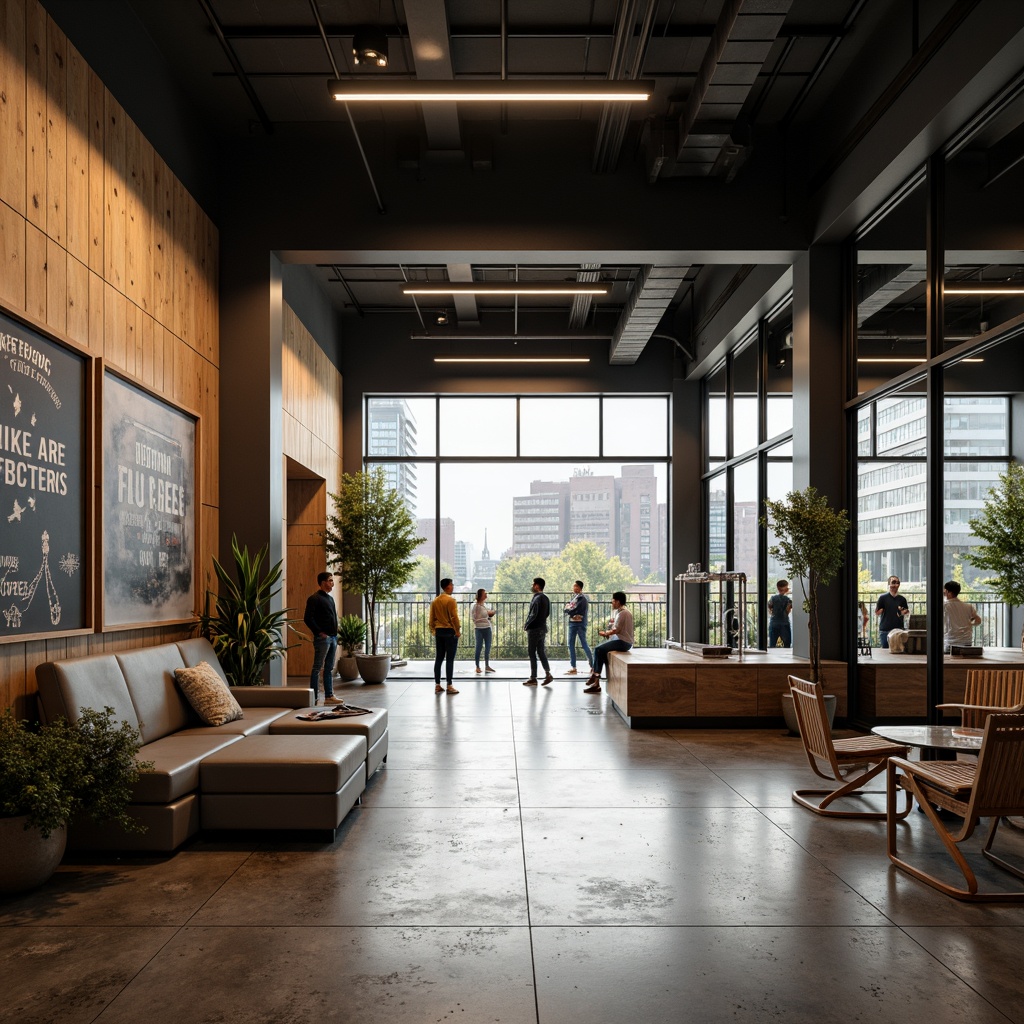 Prompt: Modern fitness club interior, minimalist furniture, sleek exercise equipment, mirrored walls, polished concrete floors, industrial-chic lighting fixtures, reclaimed wood accents, motivational quotes, urban cityscape views, morning natural light, soft warm color scheme, shallow depth of field, 3/4 composition, realistic textures, ambient occlusion.