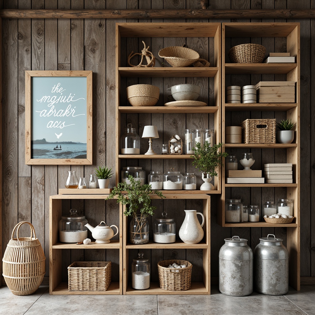 Prompt: Driftwood-inspired shelving units, distressed wood textures, beachy signage, nautical-themed decor, glass jar displays, woven wicker baskets, rusty metal accents, reclaimed wood crates, sea-salt scented ambiance, soft ocean breeze lighting, shallow depth of field, 1/1 composition, realistic reflection mapping, misty morning atmosphere.