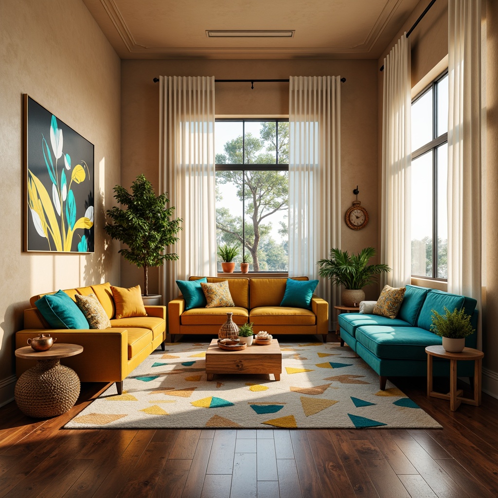 Prompt: Vibrant living room, warm beige walls, rich walnut wood furniture, plush velvet sofas, bold turquoise accents, natural light pouring in, large windows, sheer white curtains, abstract artwork, geometric patterns, 3D texture, soft box lighting, cozy atmosphere, relaxing ambiance, harmonious color scheme, earthy tones, creamy whites, deep blues, warm yellows, eclectic decor, bohemian style, playful vibes.