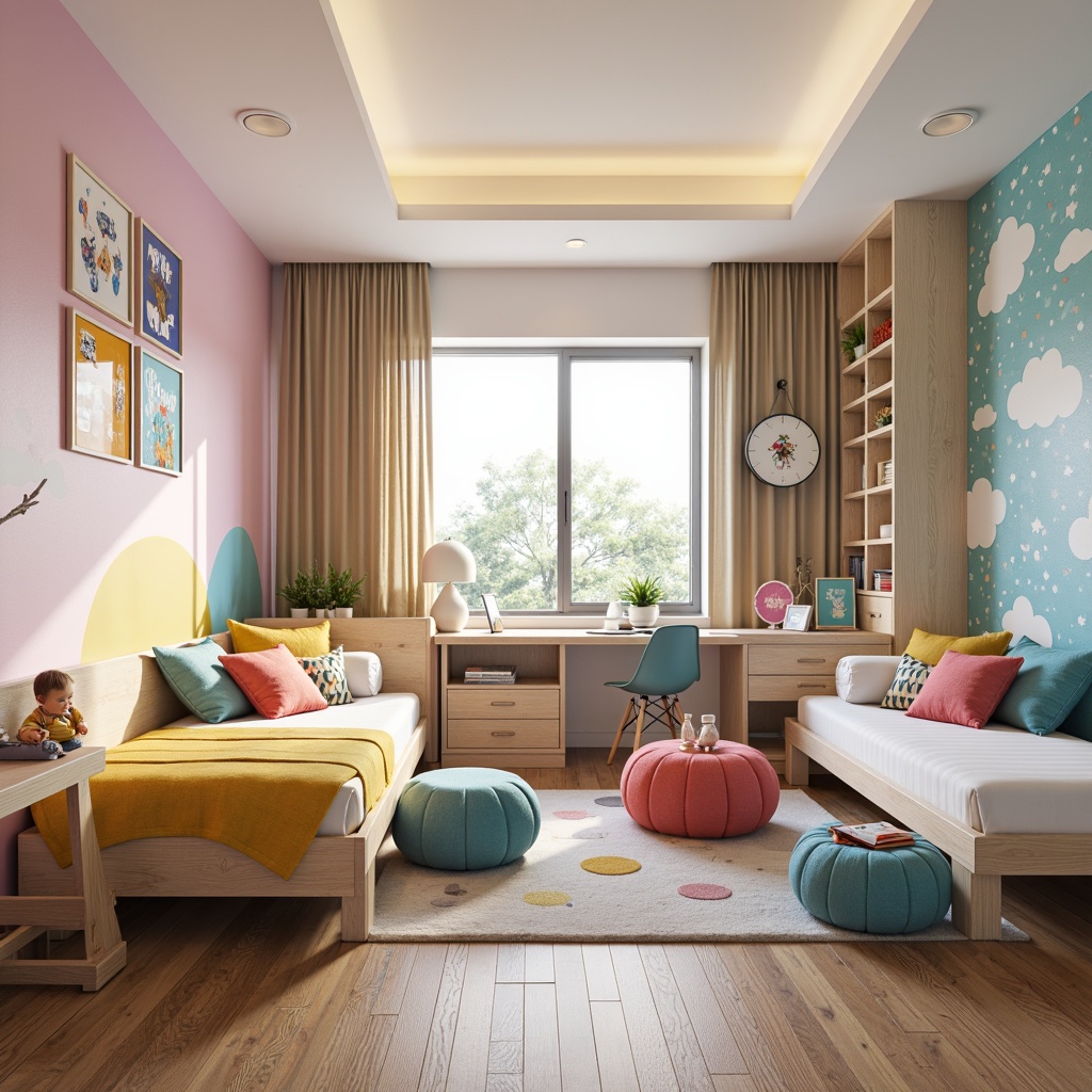 Prompt: Vibrant kids' bedroom, playful color scheme, modern minimalist furniture, sleek low-profile bedframes, storage ottomans, whimsical decorative pillows, interactive wall decals, educational posters, modular shelving units, rounded corner desks, ergonomic chairs, soft pastel hues, natural wood accents, geometric patterned rugs, cozy reading nooks, warm LED lighting, shallow depth of field, 1/1 composition, realistic textures, ambient occlusion.