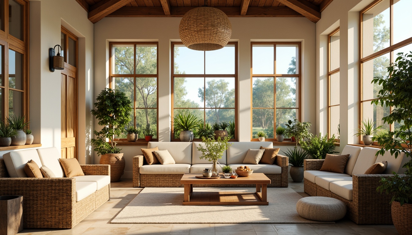 Prompt: Warm sunroom, soft natural light, creamy whites, soothing beiges, earthy browns, calming greens, sky blues, warm wood accents, plush textiles, comfortable seating, potted plants, natural stone floors, rustic wooden beams, cozy reading nooks, relaxing atmosphere, gentle shadows, warm golden lighting, shallow depth of field, 1/1 composition, intimate view, realistic textures, ambient occlusion.