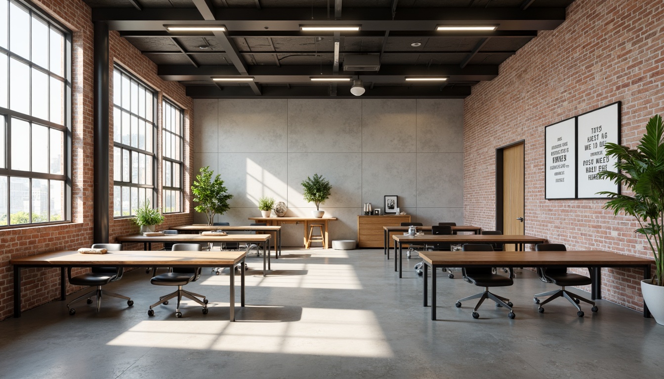 Prompt: Simple high school interior, minimalist furniture, wooden tables, ergonomic chairs, industrial-style lighting, exposed brick walls, polished concrete floors, modern educational decorations, motivational quotes, green plants, natural light, shallow depth of field, 1/2 composition, softbox lighting, realistic textures, ambient occlusion.