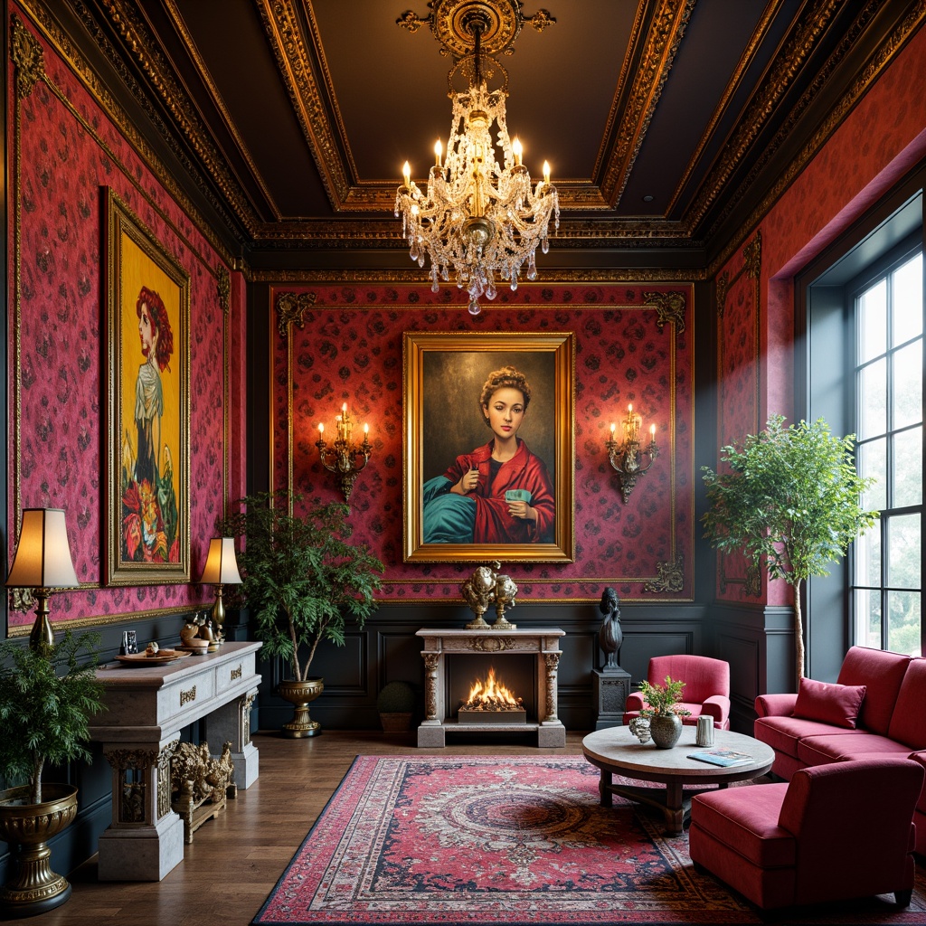 Prompt: Vibrant eclectic interior, rich velvet fabrics, distressed wooden accents, metallic gold decorations, ornate Baroque patterns, bold colorful artwork, luxurious marble countertops, antique furniture pieces, plush area rugs, dramatic crystal chandeliers, warm atmospheric lighting, shallow depth of field, 1/2 composition, realistic textures, ambient occlusion.