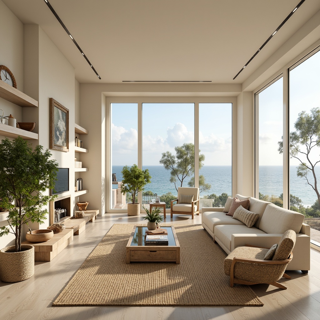 Prompt: Elegant coastal living room, soft beige walls, creamy white furniture, driftwood accents, natural linen upholstery, woven sea grass rugs, glass coffee tables, distressed wood shelves, nautical rope decorations, potted palm trees, floor-to-ceiling windows, sliding glass doors, ocean views, warm sunny day, soft diffused lighting, shallow depth of field, 2/3 composition, minimalist decor, calming color palette, serene atmosphere.