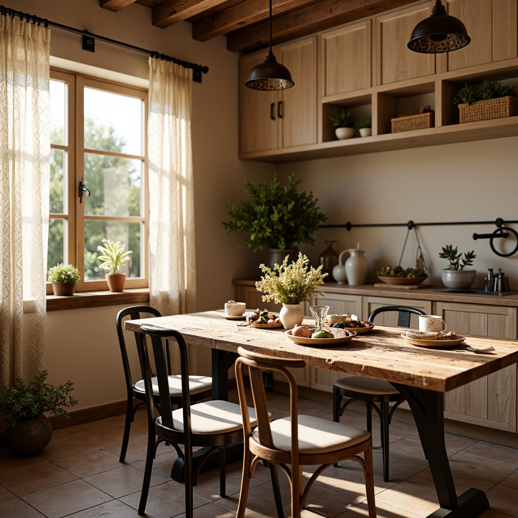 Prompt: Rustic wooden table, distressed finish, vintage metal chairs, soft cushioning, lace curtains, warm beige walls, natural stone flooring, earthy tone ceramics, antique pendant lighting, fresh flowers, woven baskets, farmhouse sink, ornate metal hardware, whimsical decorative accents, sunny morning light, shallow depth of field, 1/1 composition, realistic textures, ambient occlusion.