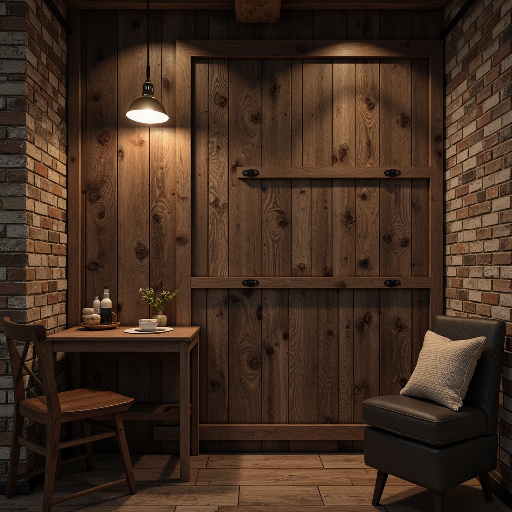 Prompt: Rustic wooden planks, distressed finishes, vintage metal accents, earthy color palette, natural stone walls, reclaimed wood flooring, exposed brick textures, industrial chic atmosphere, moody warm lighting, high-contrast shadows, dramatic depth of field, 1/2 composition, close-up shots, realistic renderings, ambient occlusion.