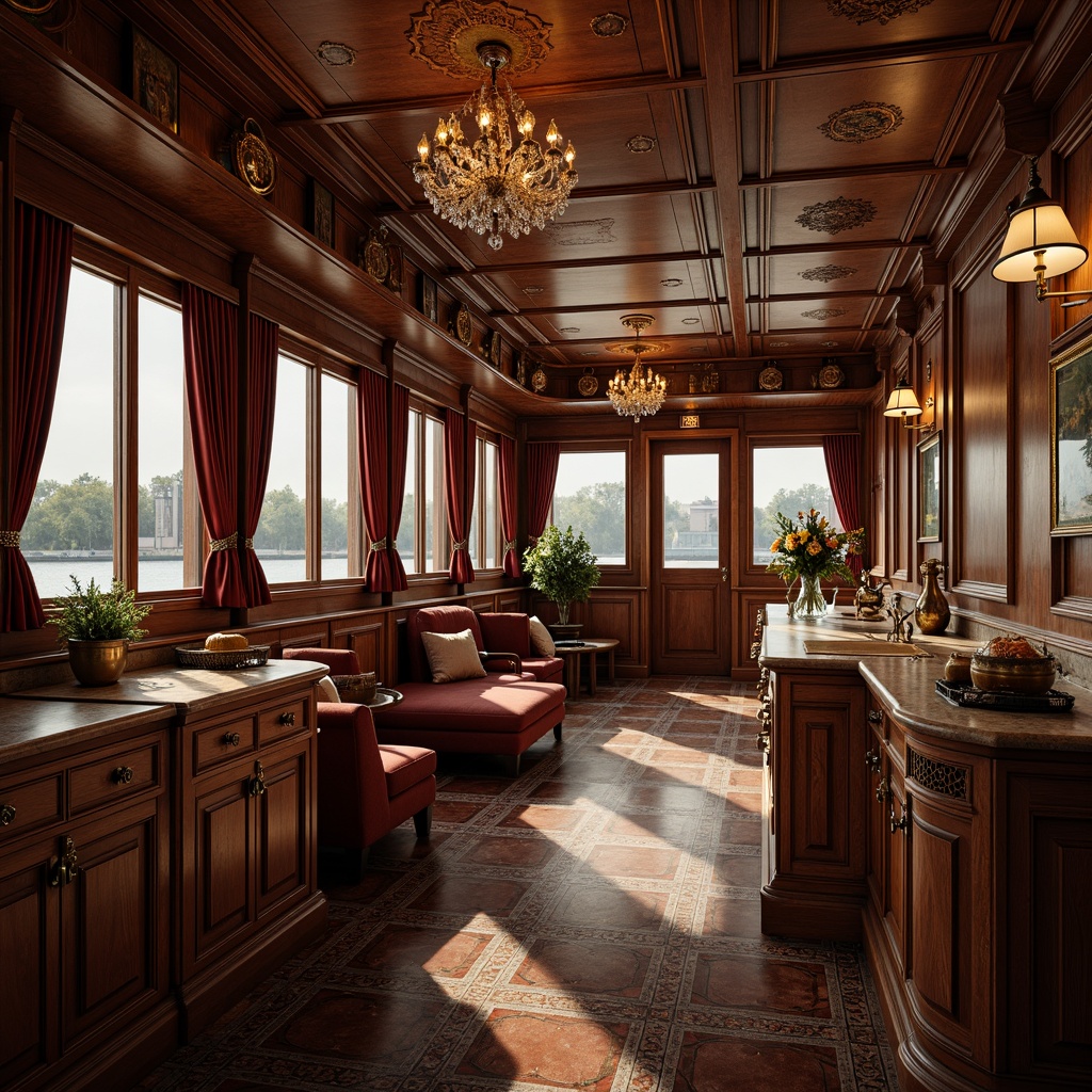 Prompt: Luxurious boathouse, rich wooden accents, ornate Baroque details, golden fixtures, crystal chandeliers, velvet drapes, polished marble countertops, intricate carvings, plush furnishings, nautical instruments, vintage maps, distressed wood paneling, warm candlelight, soft warm lighting, 1/1 composition, shallow depth of field, realistic textures, ambient occlusion.