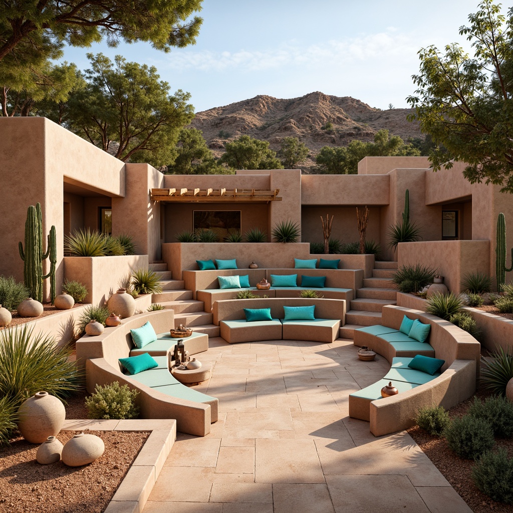 Prompt: Southwestern amphitheater, natural stone seating, curved rows, vibrant turquoise accents, terracotta pottery, woven textiles, desert flora, warm sandy tones, rustic wooden beams, adobe-inspired architecture, tiered levels, comfortable cushions, shaded areas, misting systems, soft warm lighting, 3/4 composition, realistic textures, ambient occlusion.