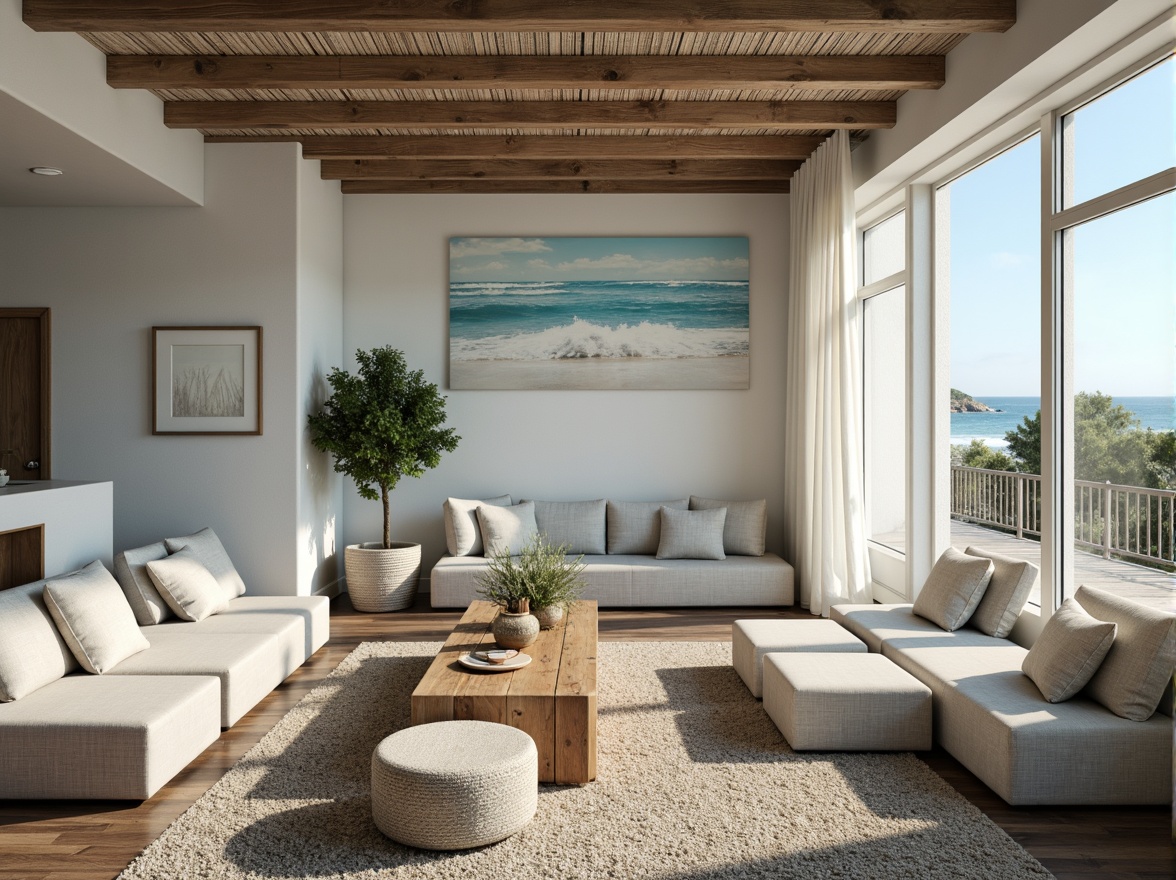 Prompt: Calming coastal cinema interior, soothing ocean-inspired color palette, soft blues and whites, warm sandy neutrals, coral reef accents, driftwood textures, natural linen upholstery, reclaimed wood paneling, nautical rope details, ocean breeze ambiance, subtle wave patterns, gentle sunlight filtering, 1/2 composition, shallow depth of field, realistic renderings, ambient occlusion.