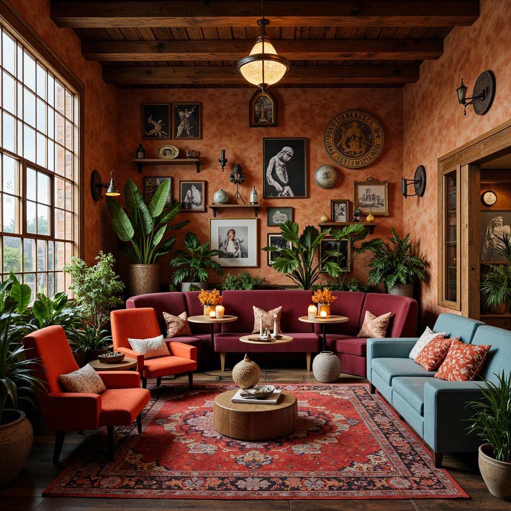 Prompt: Vibrant eclectic interior, bold contrasting colors, distressed wood accents, vintage decorative items, rich velvet fabrics, ornate metal fixtures, lush greenery, natural stone walls, earthy terracotta tones, warm golden lighting, soft focus, shallow depth of field, 1/1 composition, realistic textures, ambient occlusion.