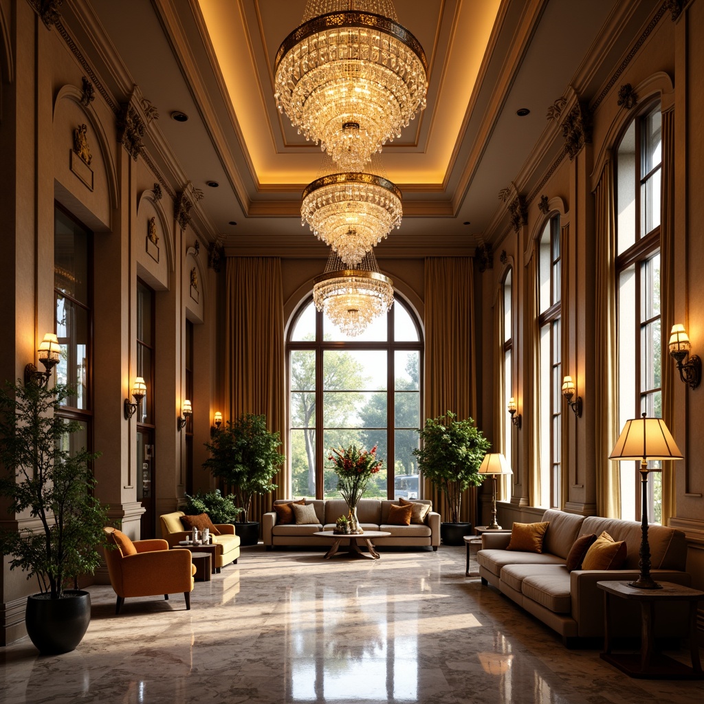 Prompt: Luxurious interior, grand chandeliers, soft warm glow, crystal pendant lights, floor lamps, table lamps, cove lighting, ambient illumination, high ceilings, marble floors, ornate moldings, elegant furnishings, velvet drapes, golden accents, lavish decor, sophisticated color palette, subtle texture contrasts, 1/1 composition, shallow depth of field, natural light pouring in, warm afternoon ambiance.