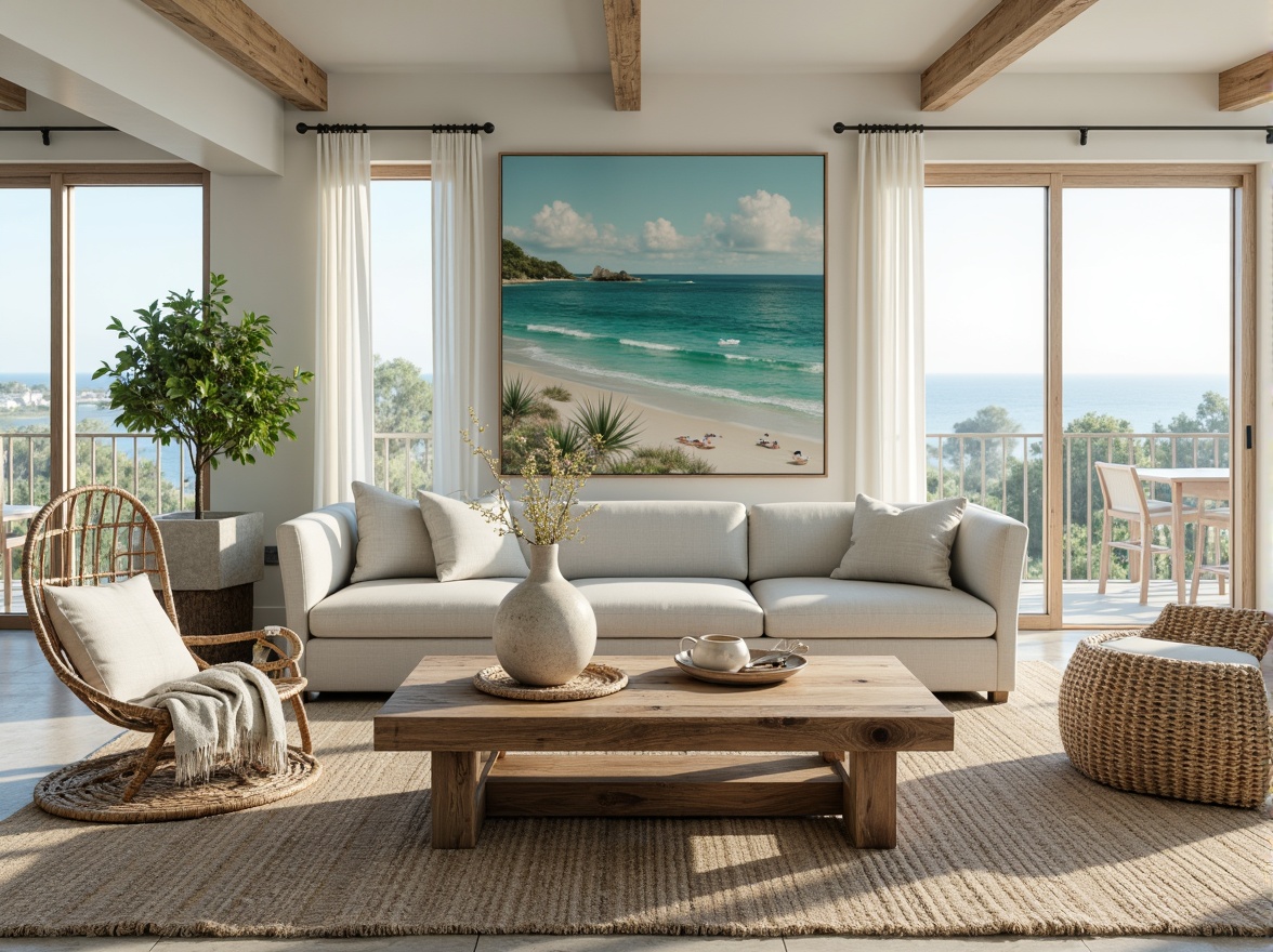 Prompt: Rustic wooden coffee table, driftwood decor, plush sectional sofa, linen upholstery, natural fiber rugs, woven sea grass chairs, distressed wood accents, ocean-inspired artwork, shell wind chimes, soft blue-green color palette, beachy textures, elegant coastal vibes, floor-to-ceiling windows, sliding glass doors, sunny morning light, airy atmosphere, 1/2 composition, shallow depth of field, warm and inviting ambiance.