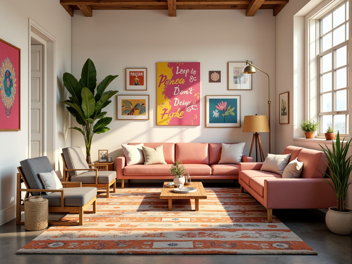 Prompt: Vibrant art studio, eclectic mix of modern furniture, abstract artwork, colorful rugs, minimalist decor, natural light pouring in, creamy white walls, rich wood accents, bold typography, pastel hues, soft peach tones, deep blues, warm golden lighting, shallow depth of field, 1/1 composition, realistic textures, ambient occlusion.