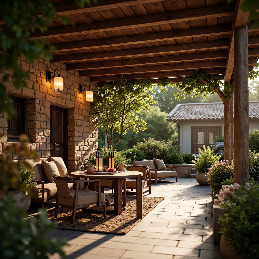 Prompt: Rustic wooden beams, earthy tones, warm ambient lighting, soft warm glow, candle-like lanterns, pendant lights, metal accents, natural stone walls, clay tile roofs, lush greenery, blooming flowers, sunny afternoon, gentle shadows, 1/2 composition, shallow depth of field, realistic textures, subtle color grading.