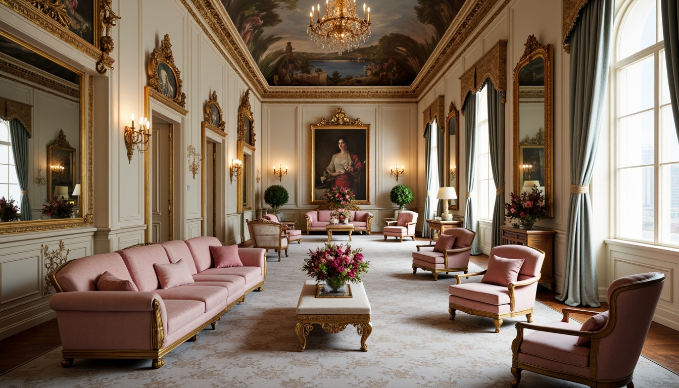 Prompt: Opulent palace interior, lavish furnishings, ornate gold accents, soft cream walls, rich velvet fabrics, delicate porcelain vases, intricate carved wood paneling, pastel pink and blue hues, subtle sheen finishes, warm candlelight, dramatic chandeliers, luxurious silk drapes, antique furniture pieces, distressed leather upholstery, gilded mirrors, frescoed ceilings, ornate plasterwork, romantic ambiance, soft focus, warm color temperature, high contrast ratio.