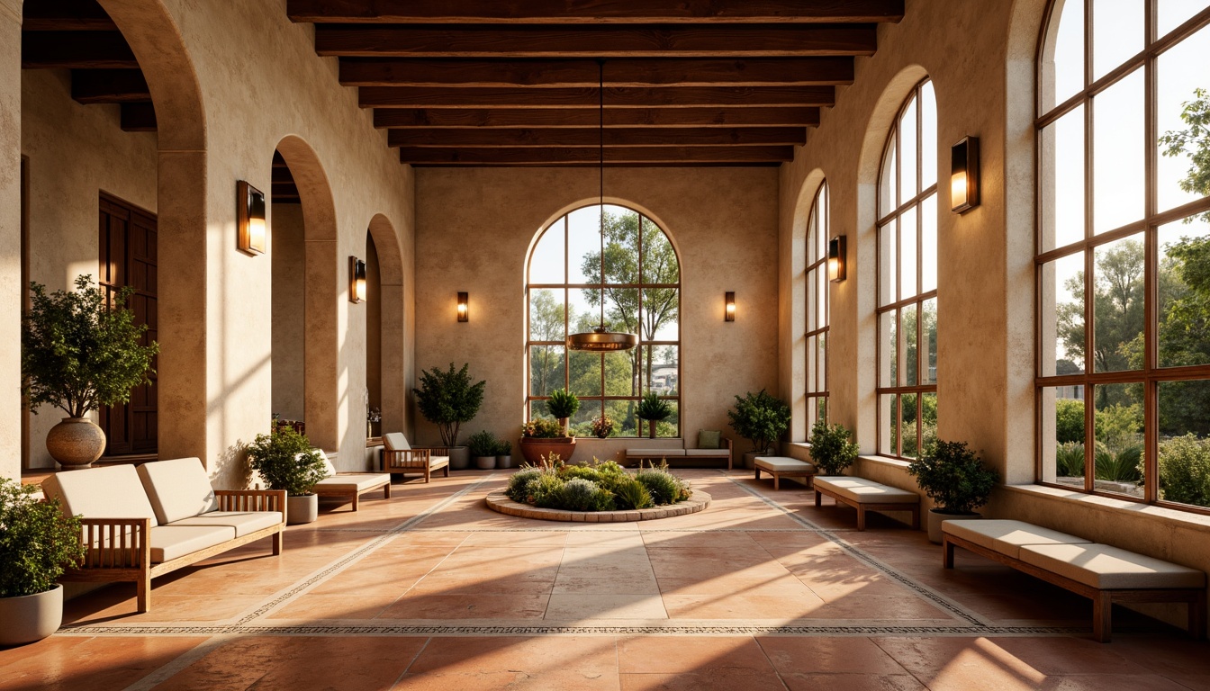 Prompt: Warm Mediterranean gymnasium, natural stone walls, rustic wooden beams, large arched windows, soft warm lighting, ambient occlusion, warm color temperature, golden hour illumination, subtle shadows, minimal fixtures, elegant chandeliers, pendant lamps, LED strips, indirect cove lighting, textured stucco finishes, earthy tones, terracotta flooring, decorative ceramic tiles, lush greenery, potted plants, wooden accents, distressed wood benches, wrought iron railings, soft warm color palette, 3/4 composition, realistic textures.