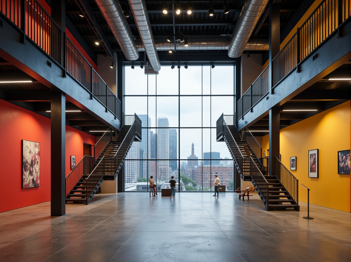 Prompt: Minimalist exhibition center, industrial aesthetic, exposed ductwork, polished concrete floors, functional lighting fixtures, geometric shapes, primary color accents, metal staircase, cantilevered balconies, rectangular forms, asymmetrical compositions, natural light pouring in, diffused overhead lighting, dramatic spotlights, 1/1 composition, high contrast ratios, deep shadows, abstract textures, industrial materials, urban cityscape background, overcast day, soft warm glow, cinematic atmosphere.