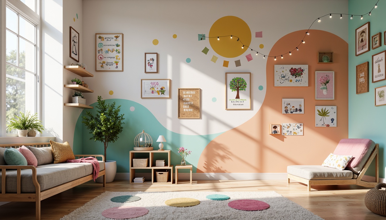 Prompt: Whimsical kids' room, soft pastel colors, playful polka dots, vibrant cartoon characters, colorful fabric wall hangings, textured 3D wall panels, creative stencils, bold geometric patterns, fun stickers, inspirational quotes, corkboard surfaces, eclectic mix of frames, bright fairy lights, cozy reading nooks, plush area rugs, warm wooden accents, natural light pouring in, soft focus, shallow depth of field, 1/2 composition, realistic textures, ambient occlusion.