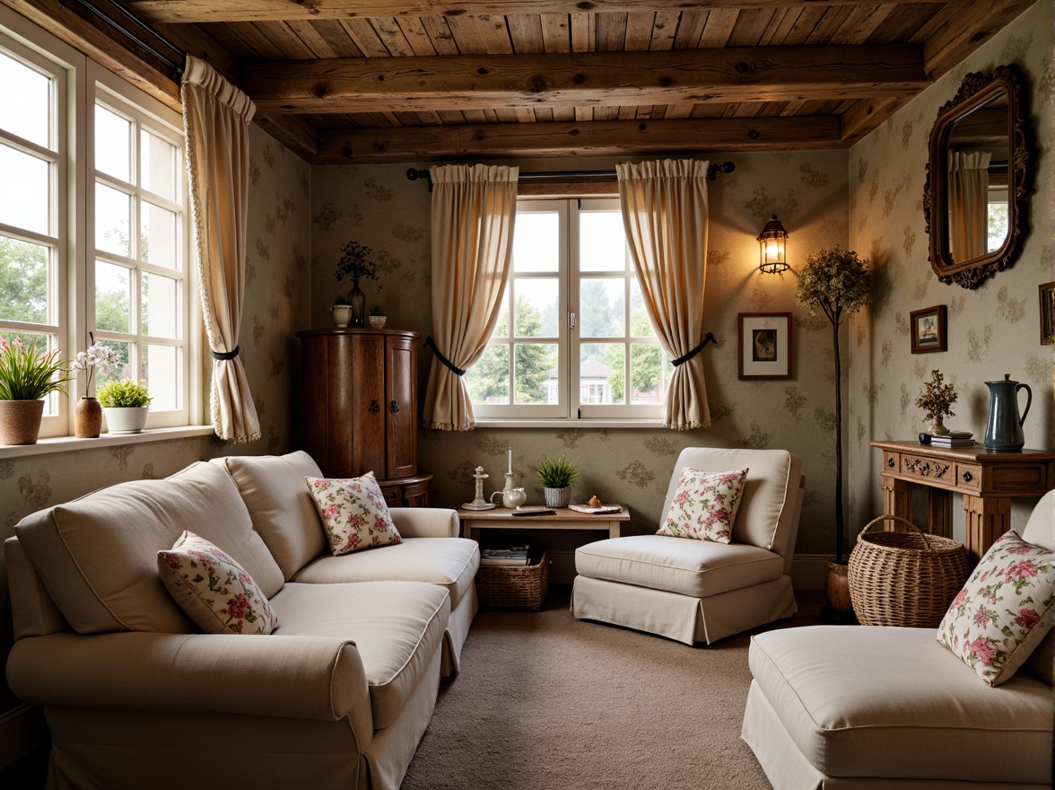 Prompt: Rustic cottage, soft warm lighting, plush furniture, distressed wood accents, vintage decorations, floral patterns, pastel colors, ruffled curtains, linen fabrics, velvet pillows, lace trims, natural fibers, woven baskets, antique accessories, cozy nooks, intimate atmosphere, romantic ambiance, soft focus, warm color palette, 1/1 composition, realistic textures.