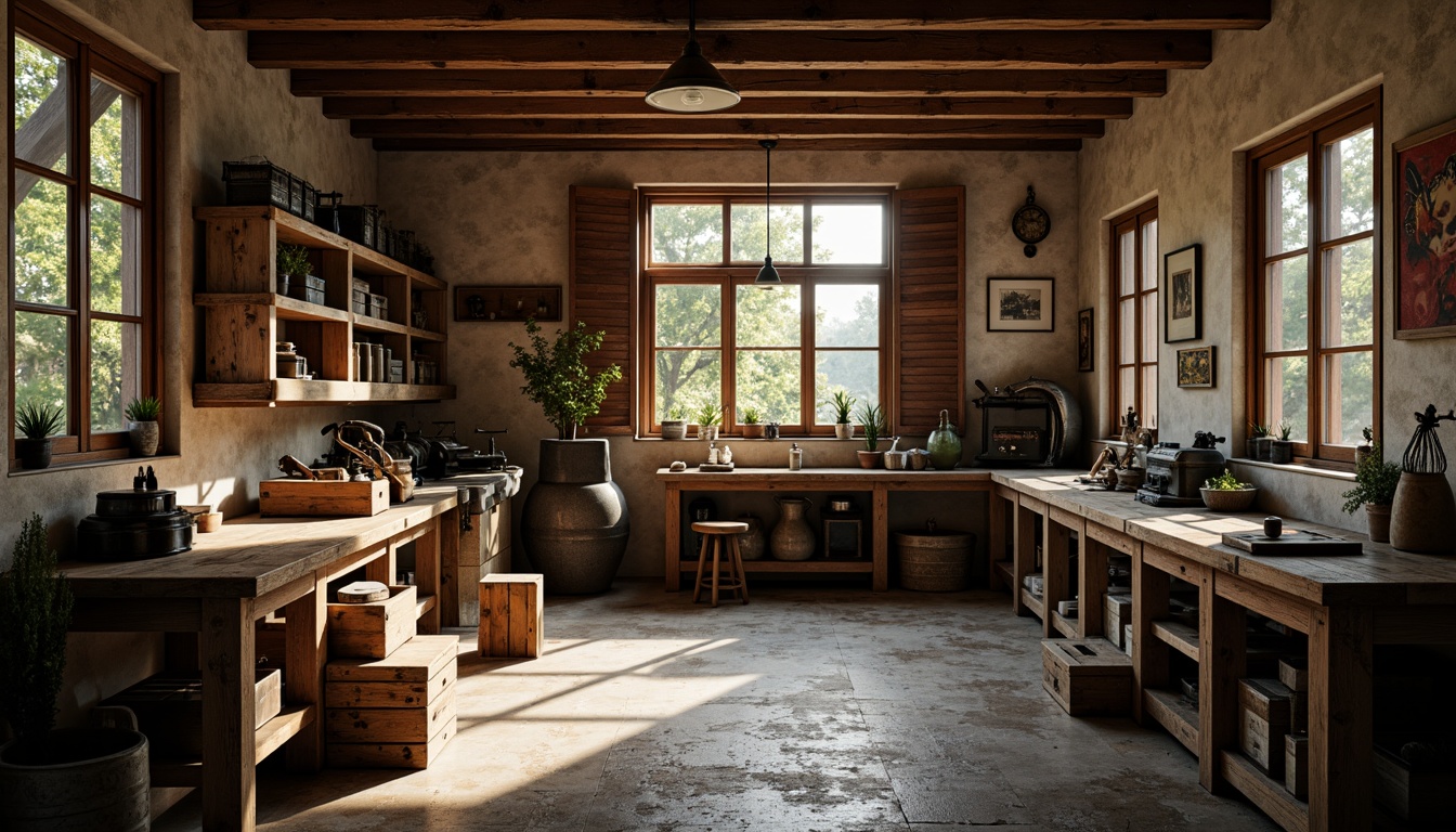 Prompt: Rustic workshop, wooden workbench, distressed finishes, metal vise, wooden toolboxes, vintage machinery, worn stone floor, earthy color palette, natural light pouring through wooden shutters, warm atmosphere, shallow depth of field, 3/4 composition, realistic textures, ambient occlusion.