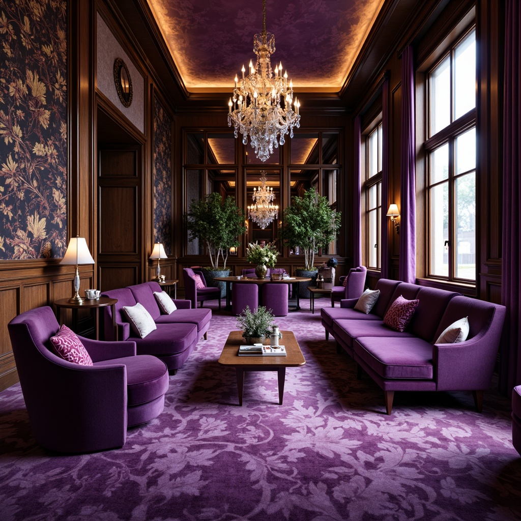 Prompt: Richly ornate amethyst accents, luxurious jewel-toned walls, lavish velvet drapes, regal purple furniture, intricately carved wooden panels, opulent crystal chandeliers, sophisticated modern architecture, sleek glass surfaces, subtle lavender undertones, warm golden lighting, shallow depth of field, 1/1 composition, dramatic shadows, realistic textures, ambient occlusion.