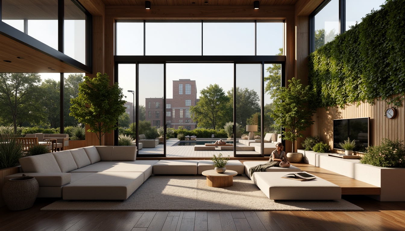 Prompt: Modern living room, high ceilings, floor-to-ceiling windows, sliding glass doors, minimalist decor, sleek lines, natural materials, wooden floors, comfortable sofas, greenery walls, potted plants, ambient lighting, soft warm glow, 1/1 composition, realistic textures, shallow depth of field, panoramic view.