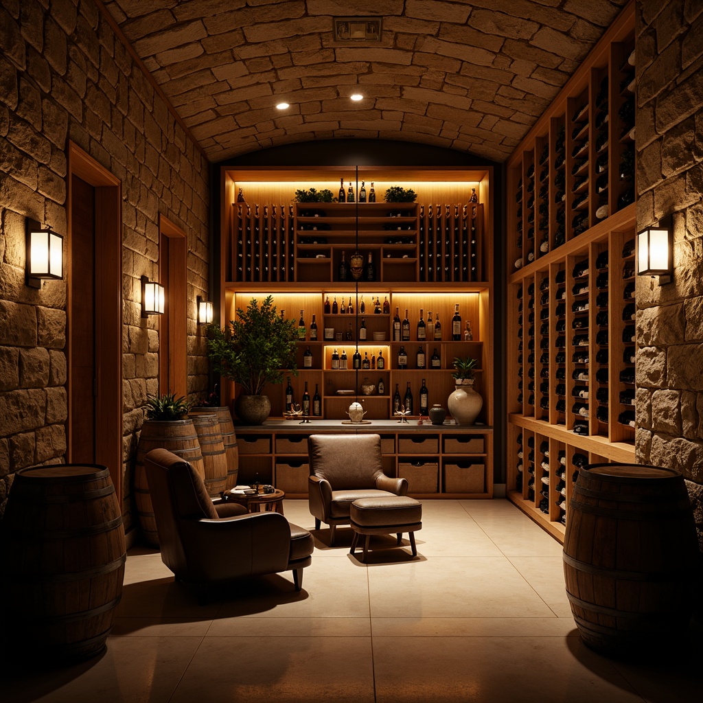 Prompt: Dimly lit wine cellar, rustic stone walls, wooden wine racks, ambient warm lighting, soft golden glow, subtle LED strips, recessed ceiling lights, floor-to-ceiling shelves, climate-controlled environment, rich wood tones, dark leather armchairs, vintage wine barrels, ornate metalwork, luxurious atmosphere, warm beige colors, dramatic spotlights, 1/1 composition, low-key illumination, realistic textures, soft focus blur.