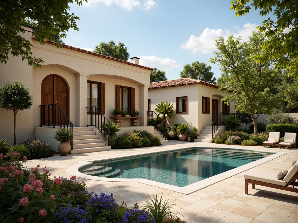 Prompt: Mediterranean villa, warm beige walls, terracotta roof tiles, lush greenery, blooming flowers, tranquil courtyard, sparkling pool water, sunny day, soft warm lighting, shallow depth of field, 3/4 composition, panoramic view, realistic textures, ambient occlusion, earthy color palette, natural stone accents, wooden shutters, rustic metal gates, cozy outdoor seating areas.