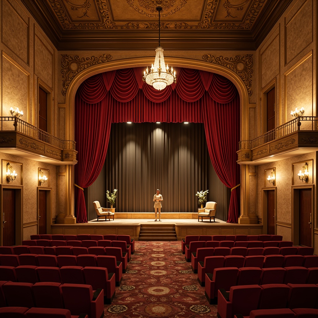 Prompt: Grand traditional performing arts center, ornate chandeliers, warm golden lighting, red velvet curtains, intricately carved wooden stage, antique bronze door handles, luxurious fabric wallcoverings, richly patterned rugs, majestic high ceilings, crystal sconces, soft warm glow, dramatic spotlighting, 1/1 composition, intimate atmosphere, realistic textures, subtle ambient occlusion.