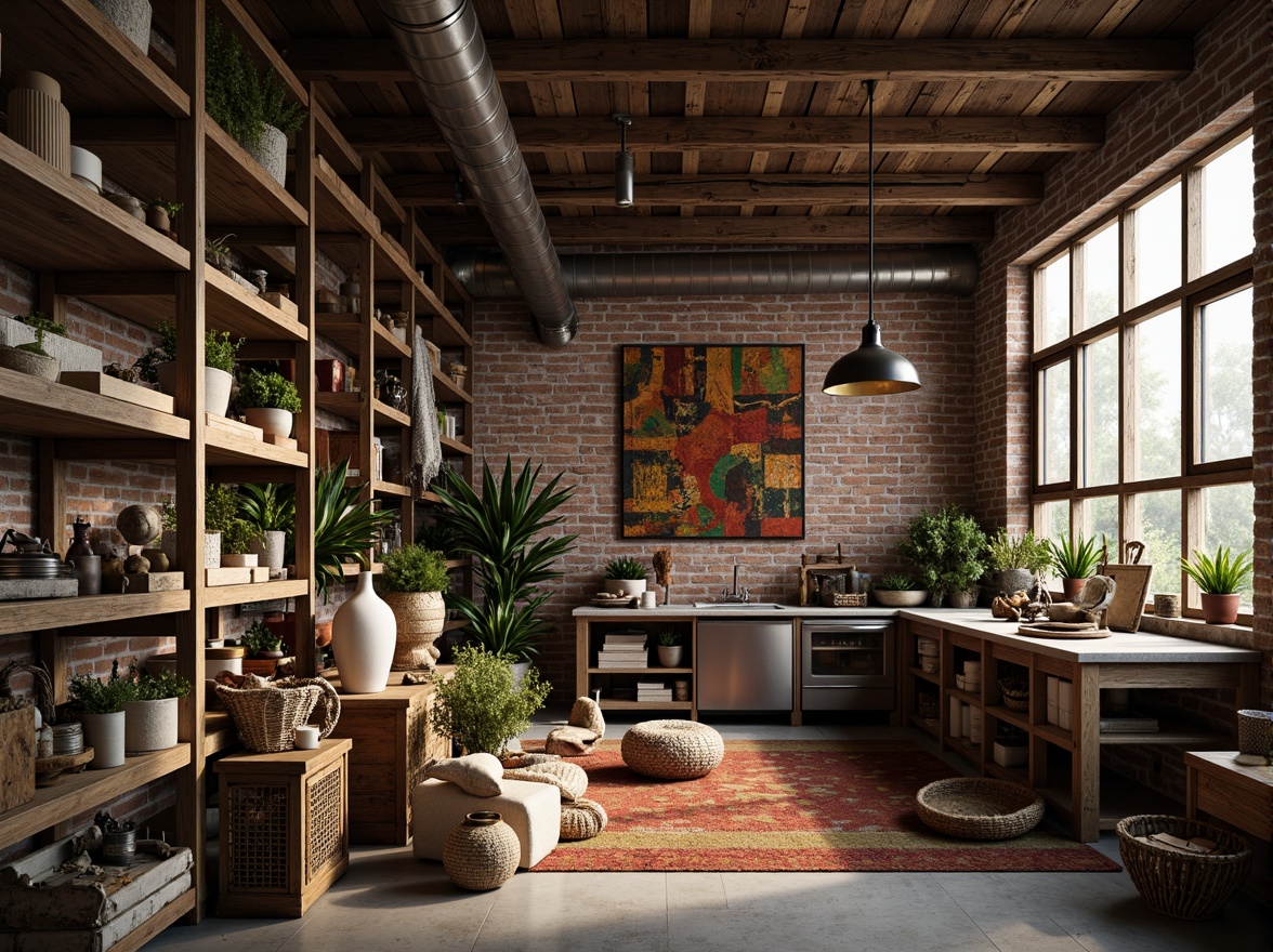 Prompt: Eclectic storage room, distressed wood shelves, vintage metal racks, ornate wooden crates, industrial pipes, exposed brick walls, reclaimed wood accents, eclectic decorative items, potted plants, woven baskets, colorful textiles, abstract artwork, warm soft lighting, shallow depth of field, 1/2 composition, realistic textures, ambient occlusion.