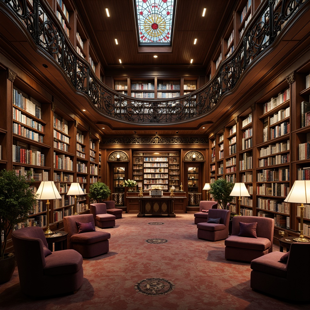 Prompt: Elegant bookstore, ornate wooden shelves, curved metal railings, stained glass windows, sinuous lines, organic forms, flowing botanical motifs, intricate carvings, luxurious velvet armchairs, ornamental lamps, rich wood tones, soft warm lighting, 1/1 composition, shallow depth of field, realistic textures, ambient occlusion.