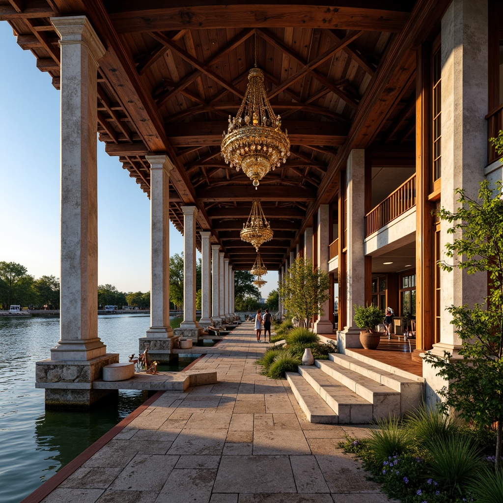 Prompt: Ornate boathouse, waterfront location, rustic wooden docks, curved Baroque lines, grandiose ornamental details, luxurious chandeliers, crystal clear water reflections, soft warm lighting, shallow depth of field, 3/4 composition, panoramic view, realistic textures, ambient occlusion, majestic stone columns, intricately carved wooden panels, opulent velvet upholstery, gilded accents, lavish furnishings, elegant curvature, flowing staircase, waterfront promenade, serene lake scenery, surrounding lush greenery.