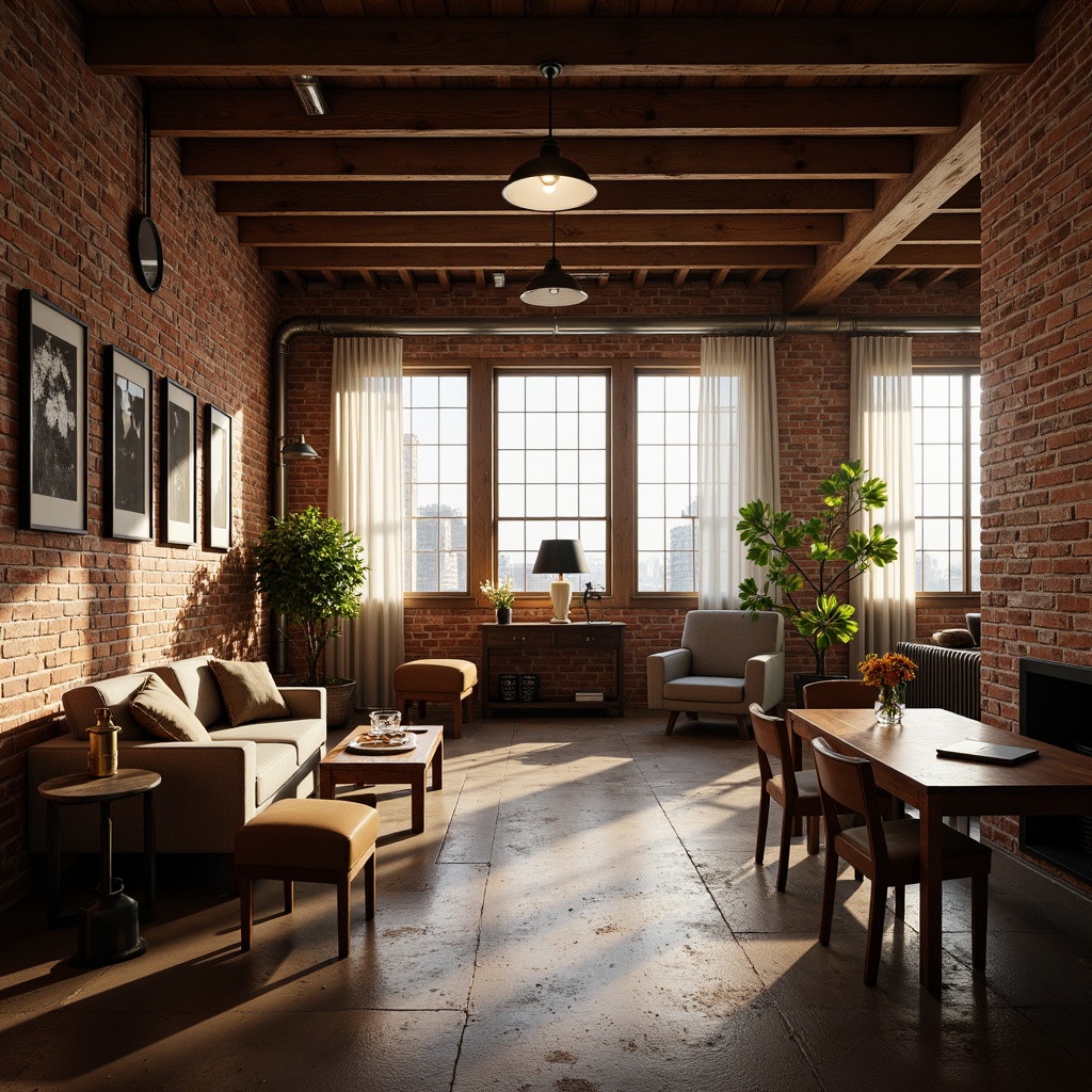 Prompt: Warm industrial loft, classic brick walls, wooden beams, metal accents, vintage furniture, soft warm lighting, cozy atmosphere, table lamps, floor lamps, pendant lights, natural light pouring in through large windows, sheer white curtains, subtle shadows, shallow depth of field, 1/1 composition, realistic textures, ambient occlusion.