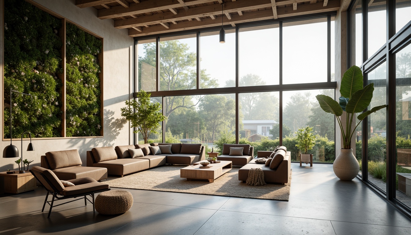 Prompt: Minimalist living room, floor-to-ceiling windows, natural light pouring in, sleek low-profile furniture, polished concrete floors, industrial-chic decor, open-plan layout, fluid transitions, airy atmosphere, modern pendant lights, green walls, vertical gardens, natural textiles, reclaimed wood accents, subtle color palette, soft warm lighting, shallow depth of field, 3/4 composition, panoramic view, realistic textures, ambient occlusion.