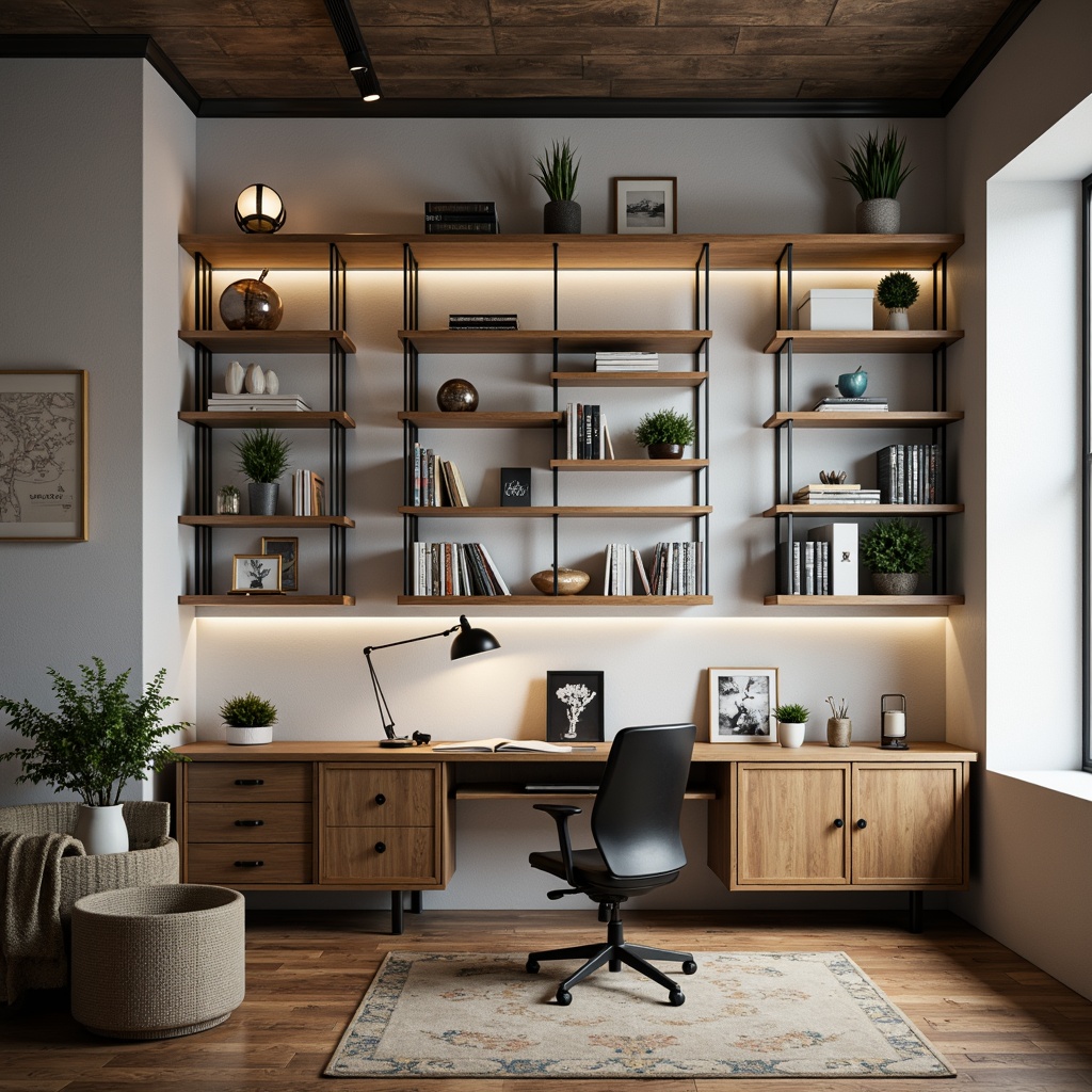 Prompt: Modern minimalist home office, sleek metal shelving units, wall-mounted storage systems, compact bookcases, floating desk designs, ergonomic chair, plenty of natural light, soft warm illumination, shallow depth of field, 1/1 composition, realistic textures, ambient occlusion, wooden accents, industrial-chic decor, urban loft atmosphere.