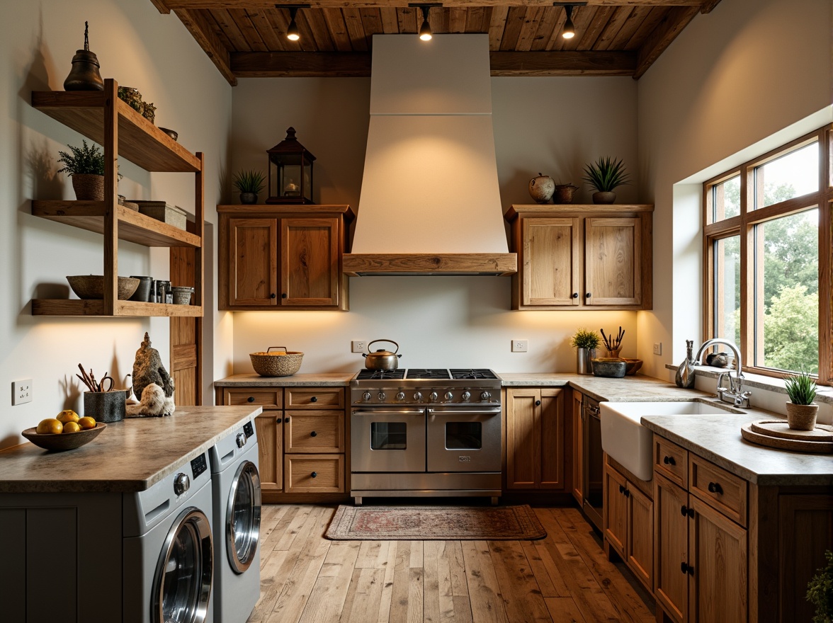 Prompt: Cozy laundry room, warm wooden cabinetry, vintage metal appliances, distressed wood flooring, soft cream-colored walls, natural stone countertops, farmhouse-style sink, rustic wooden beams, warm task lighting, shallow depth of field, 1/1 composition, realistic textures, ambient occlusion, serene atmosphere, calm color palette, traditional design elements.