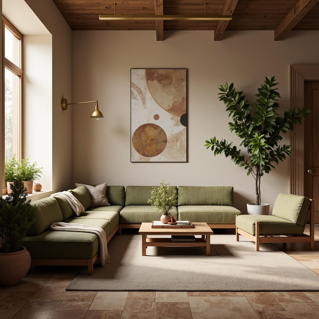 Prompt: Earthy tone living room, warm beige walls, rich walnut wood furniture, plush velvet sofas, soft sage green accents, golden brass lighting fixtures, natural stone flooring, cozy throw blankets, abstract artwork, organic shapes, earthy terracotta pots, lush green plants, warm ambient glow, shallow depth of field, 1/1 composition, realistic textures, subtle color gradations.