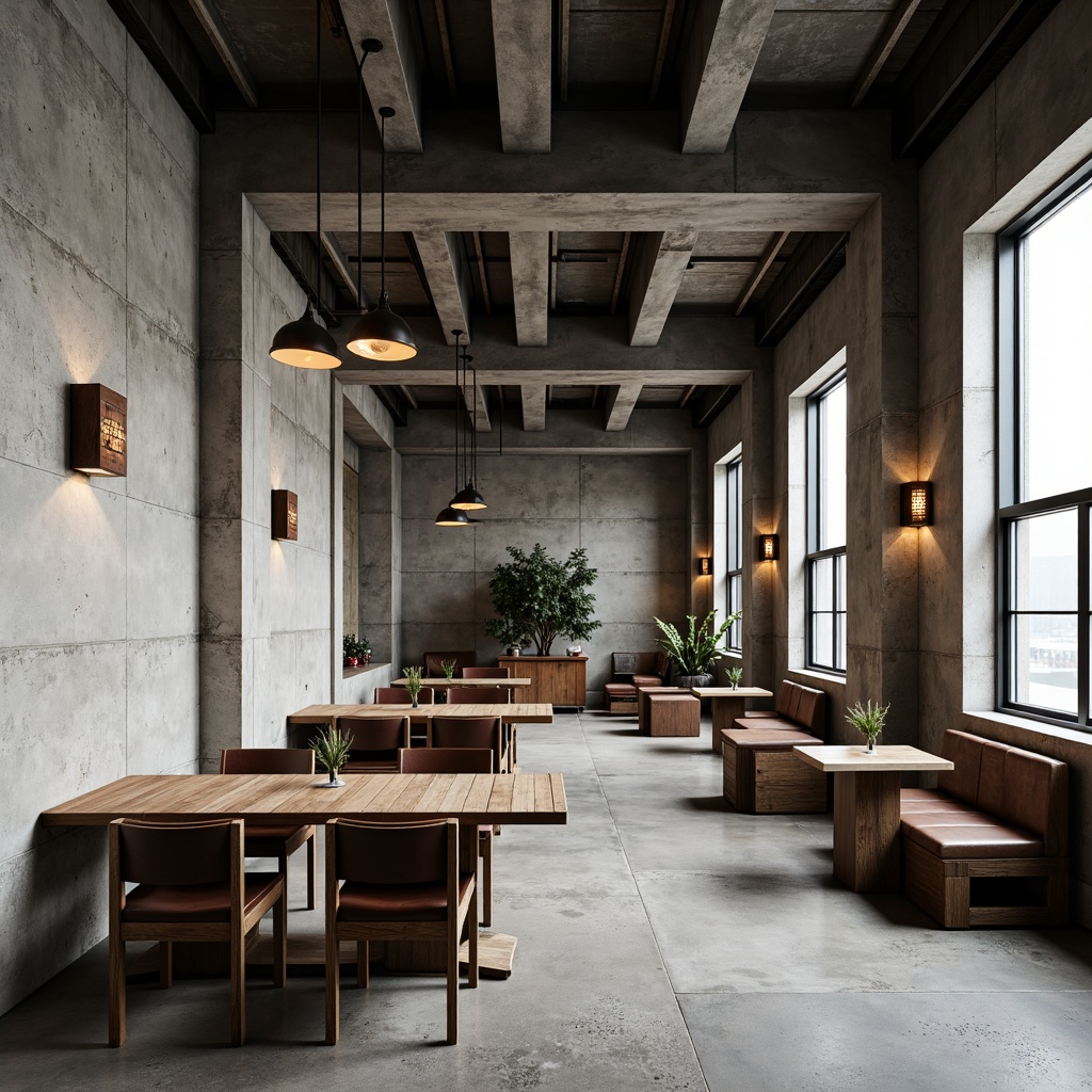 Prompt: Exposed concrete walls, rugged stone floors, industrial metal beams, raw wooden tables, brutalist-inspired chairs, minimalist lighting fixtures, monochromatic color scheme, bold geometric shapes, distressed leather upholstery, reclaimed wood accents, urban loft atmosphere, high ceilings, large windows, natural light pouring in, dramatic shadows, 3/4 composition, low-angle shot, cinematic lighting, realistic textures.