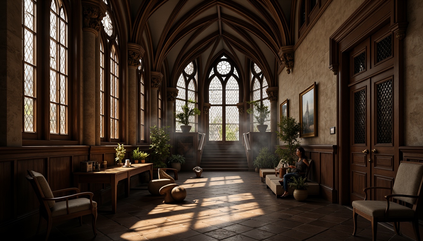 Prompt: Grandiose student halls, pointed archways, ribbed vaults, flying buttresses, intricate stone carvings, stained glass windows, ornate wooden doors, grand hallways, majestic staircases, mystical atmosphere, dim warm lighting, shallow depth of field, 3/4 composition, panoramic view, realistic textures, ambient occlusion.