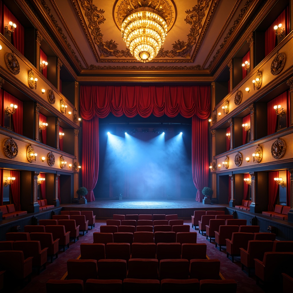 Prompt: Dramatic theater interior, ornate chandeliers, warm golden lighting, rich red velvet curtains, gilded accents, plush seating, spotlights on stage, dimmable LED lights, soft blue hues, mystical fog effects, subtle color temperature shifts, high-contrast ratios, dynamic beam angles, realistic shadowing, atmospheric mist, 1/1 composition, cinematic framing, vivid textures, immersive ambiance.