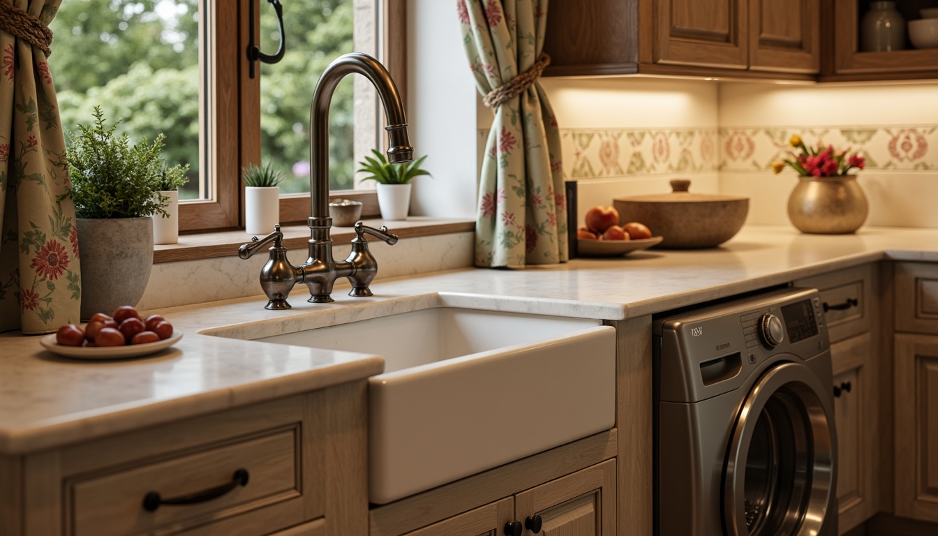 Prompt: Elegant sink basin, ornate faucet handles, traditional laundry setting, distressed wooden cabinets, vintage-inspired metal hardware, soft warm lighting, creamy white countertops, farmhouse-style sink apron, decorative ceramic tiles, floral patterned curtains, natural stone flooring, earthy color palette, rustic-chic decor, shallow depth of field, 1/1 composition, realistic textures, ambient occlusion.