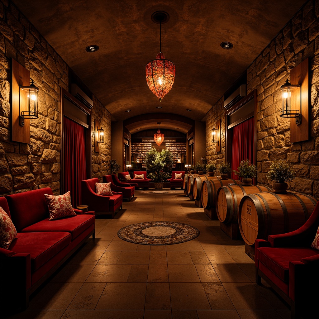 Prompt: Rich wine cellar atmosphere, warm earthy tones, deep crimson reds, dark walnut wood accents, elegant golden lighting, velvety smooth textures, rustic stone walls, ornate metalwork, dimly lit ambiance, intimate seating areas, luxurious velvet drapes, refined wooden barrels, subtle scent of oak and vanilla, soft warm glow, low-key backlighting, 1/1 composition, realistic reflections, ambient occlusion.