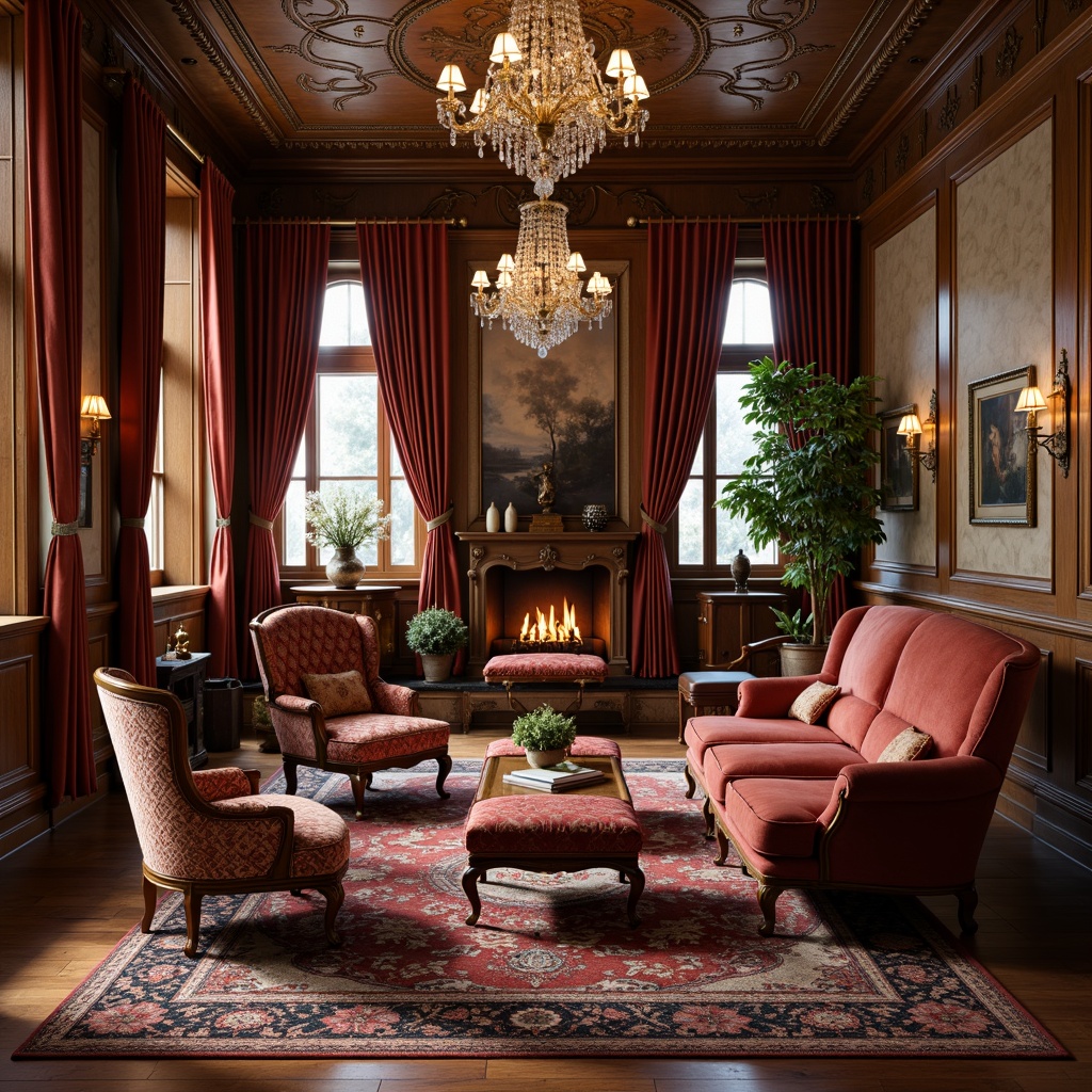 Prompt: Luxurious living room, rich wood tones, velvet upholstery, ornate carvings, crystal chandeliers, plush area rugs, antique vases, intricately patterned wallpaper, solid wooden furniture, curved legs, tufted ottomans, delicate lace curtains, soft warm lighting, 1/1 composition, shallow depth of field, realistic textures, ambient occlusion.