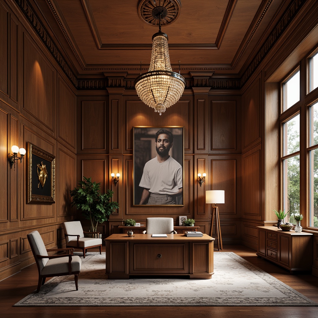 Prompt: Elegant office space, rich wood paneling, ornate moldings, sophisticated lighting fixtures, crystal chandeliers, bronze sconces, opulent pendant lights, luxurious fabrics, refined furniture pieces, classic architectural details, high ceilings, large windows, soft warm glow, subtle shadows, 1/1 composition, realistic textures, ambient occlusion.