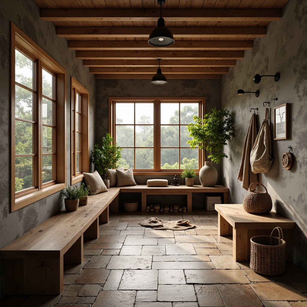 Prompt: Rustic mudroom, natural stone flooring, earthy tones, water-resistant materials, rough-textured surfaces, wooden accents, industrial-style lighting, functional storage benches, woven baskets, outdoor-inspired decor, nature-view windows, soft warm lighting, shallow depth of field, 1/1 composition, realistic textures, ambient occlusion.