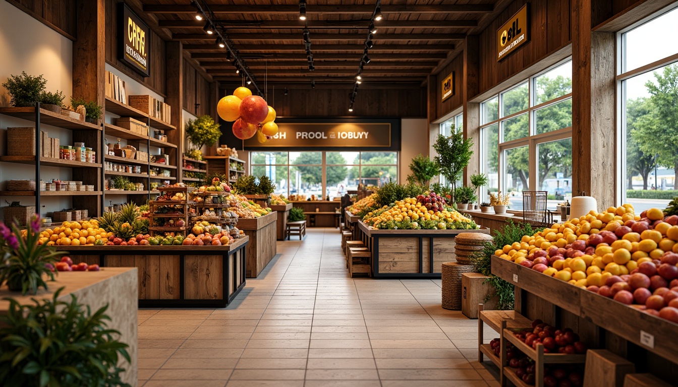 Prompt: Vibrant grocery store interior, warm earthy tones, natural wood accents, fresh produce displays, colorful fruit arrangements, rustic metal shelving, soft overhead lighting, inviting signage, cheerful brand logos, wooden crates, woven baskets, ceramic tiles, cozy atmosphere, relaxing shopping experience, calming ambiance, harmonious color scheme, 2/3 composition, shallow depth of field, realistic textures.