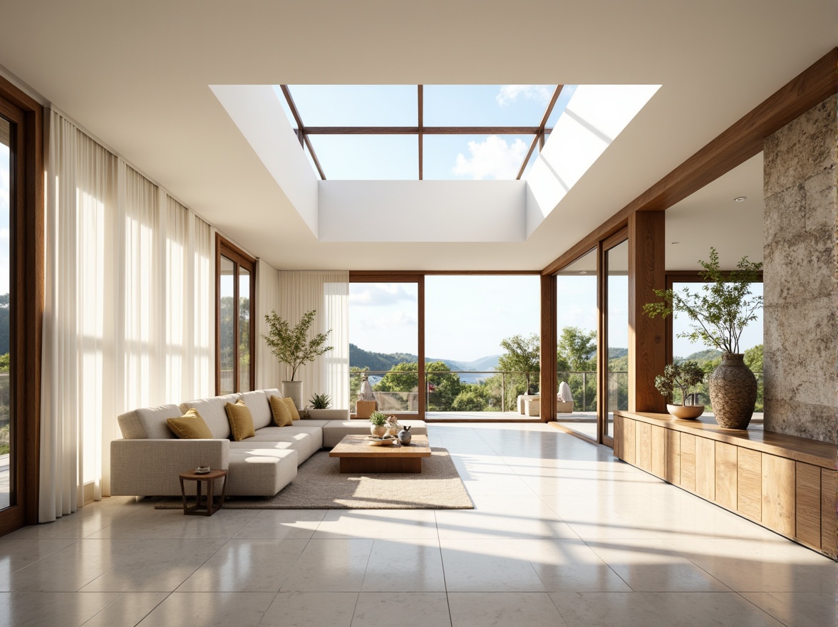 Prompt: Vibrant sunlit interior, floor-to-ceiling windows, clerestory windows, skylights, open-plan living spaces, airy atmosphere, minimal obstruction, reflective surfaces, polished marble floors, white-painted walls, sheer curtains, unobstructed views, natural stone accents, wooden beams, modern minimalist decor, bright color scheme, ambient soft lighting, warm glow, 1/1 composition, shallow depth of field, panoramic view.